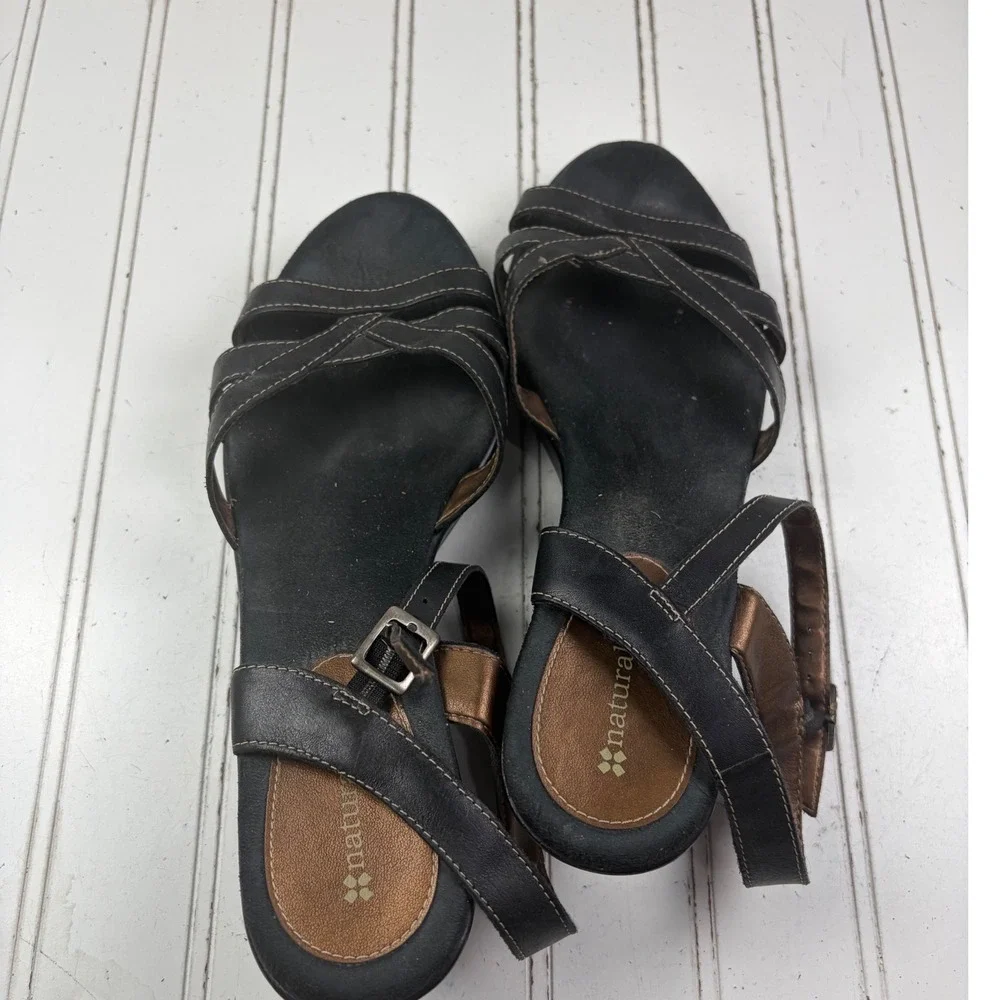 Naturalizer Black Leather Platform Slingback Wedge Sandals Women's Size 9